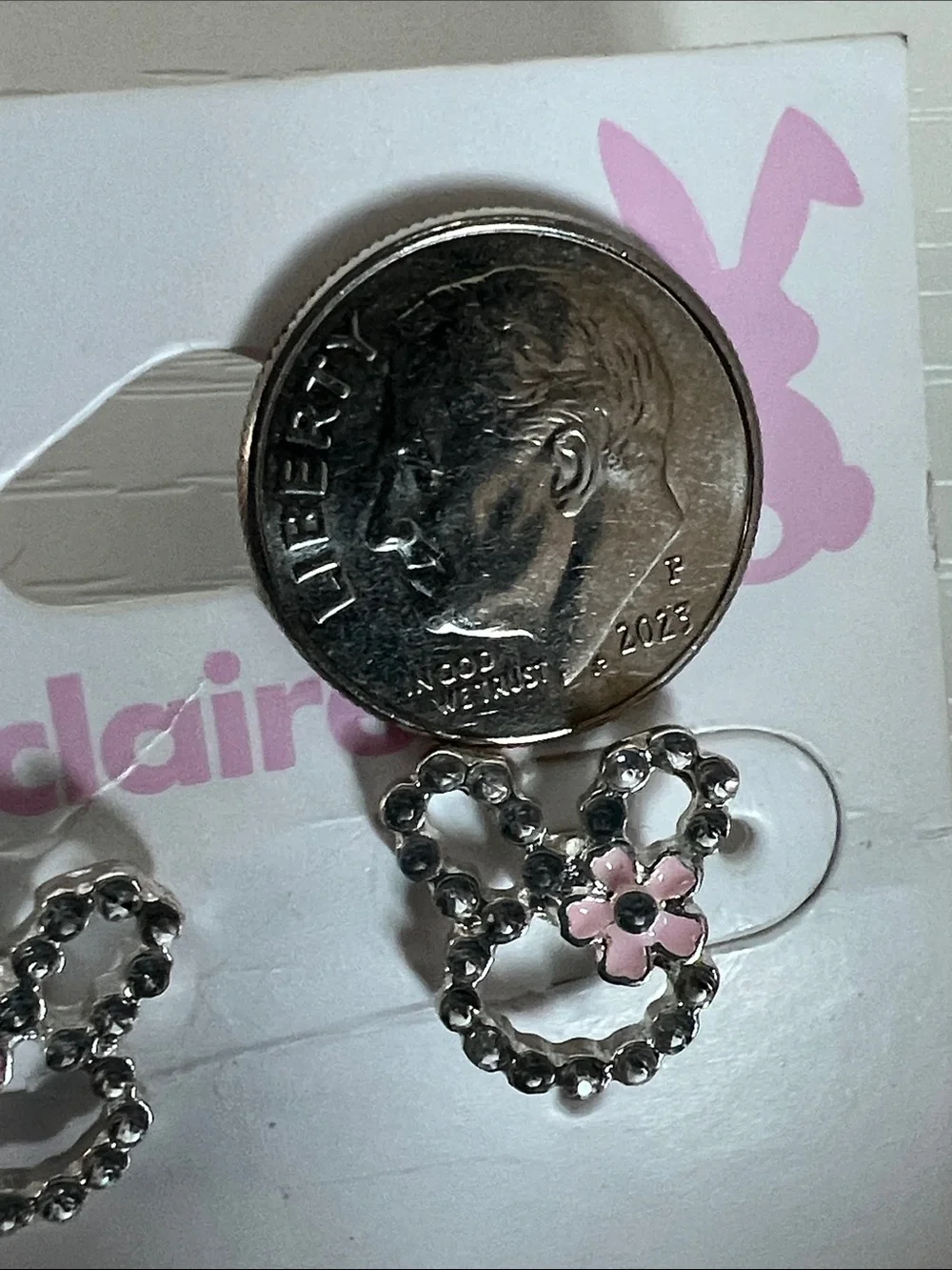 Claire's Silver Bunny Stud Earrings with Pink Flower NWT